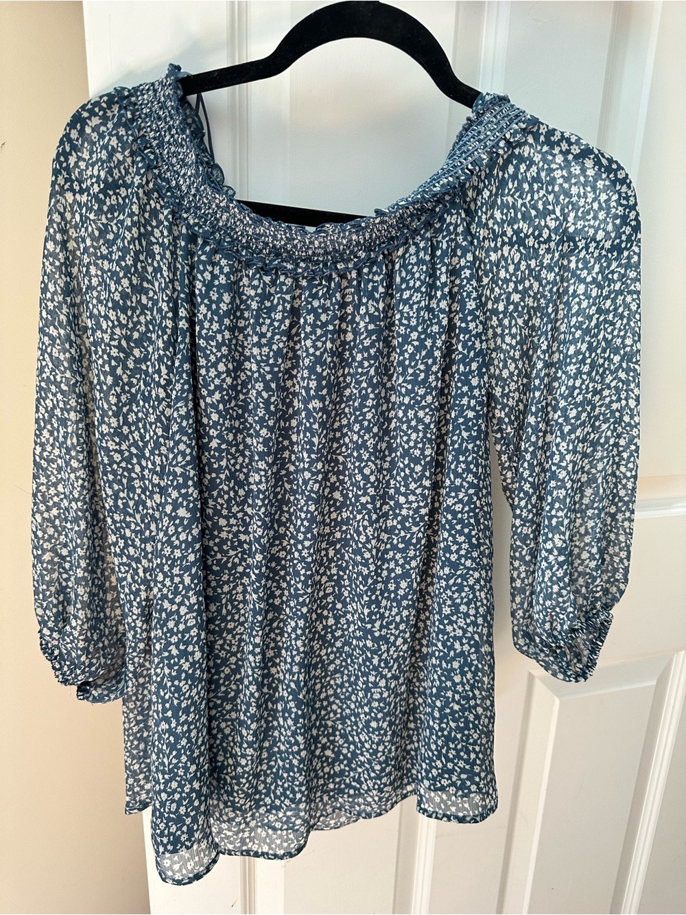 LC Lauren Conrad Blue White Floral Smocked Neck Blouse and skirt set